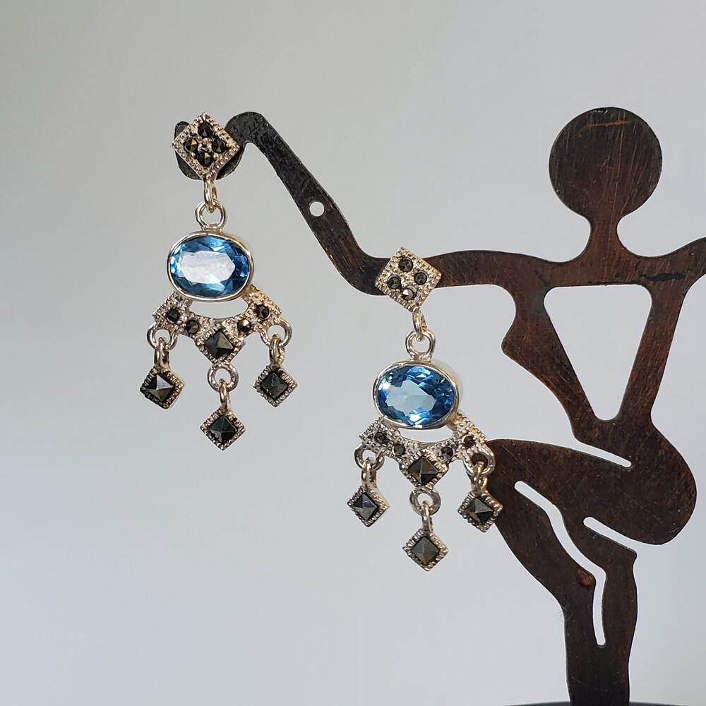 Blue Topaz & Marcasite Sterling Silver 925 Drop Earring